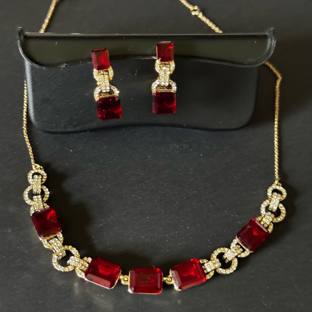 Ralph Lauren stone frontal necklace and earrings set red gold NWT